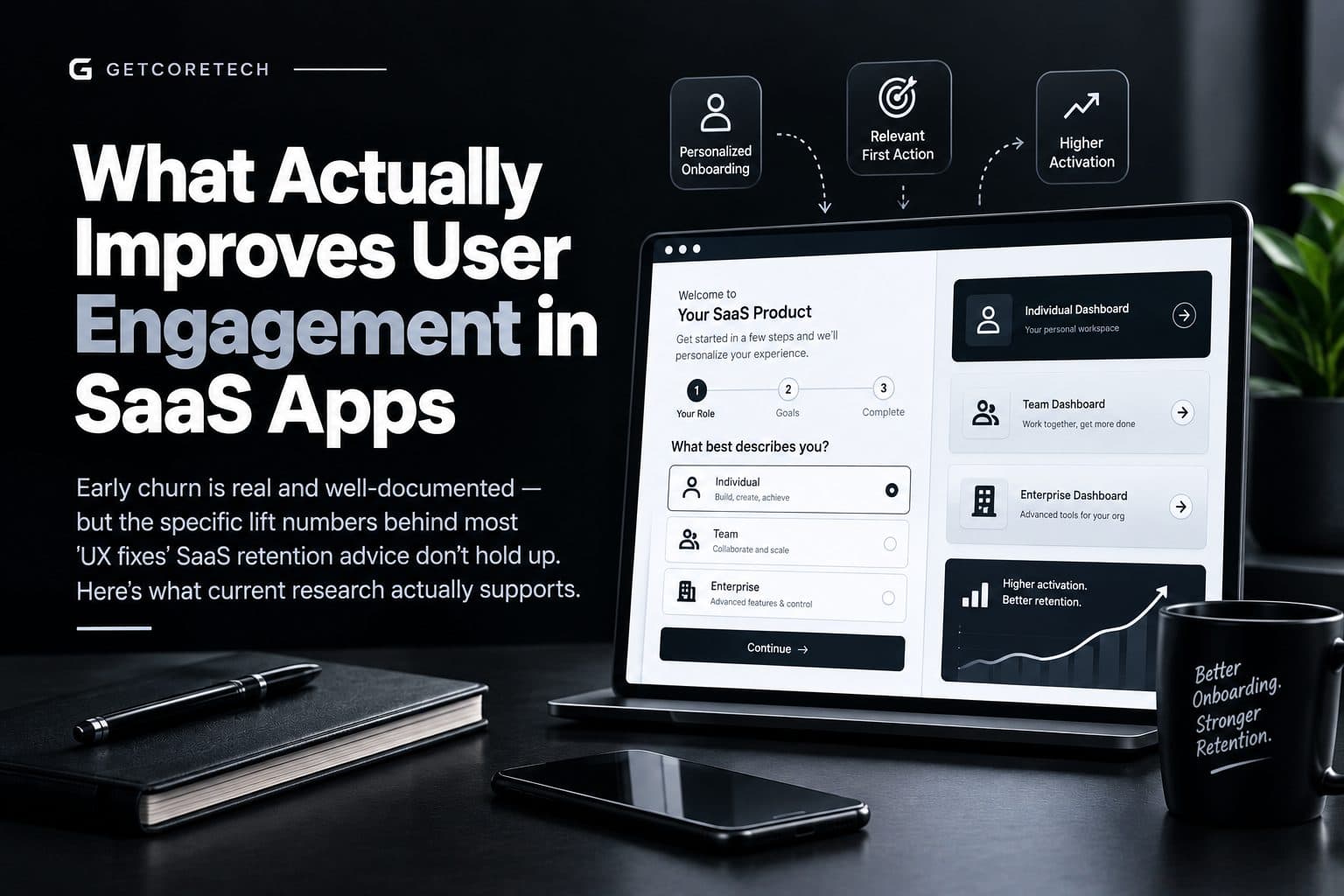 Flat black-and-white illustration of a SaaS onboarding flow with role-based dashboard paths