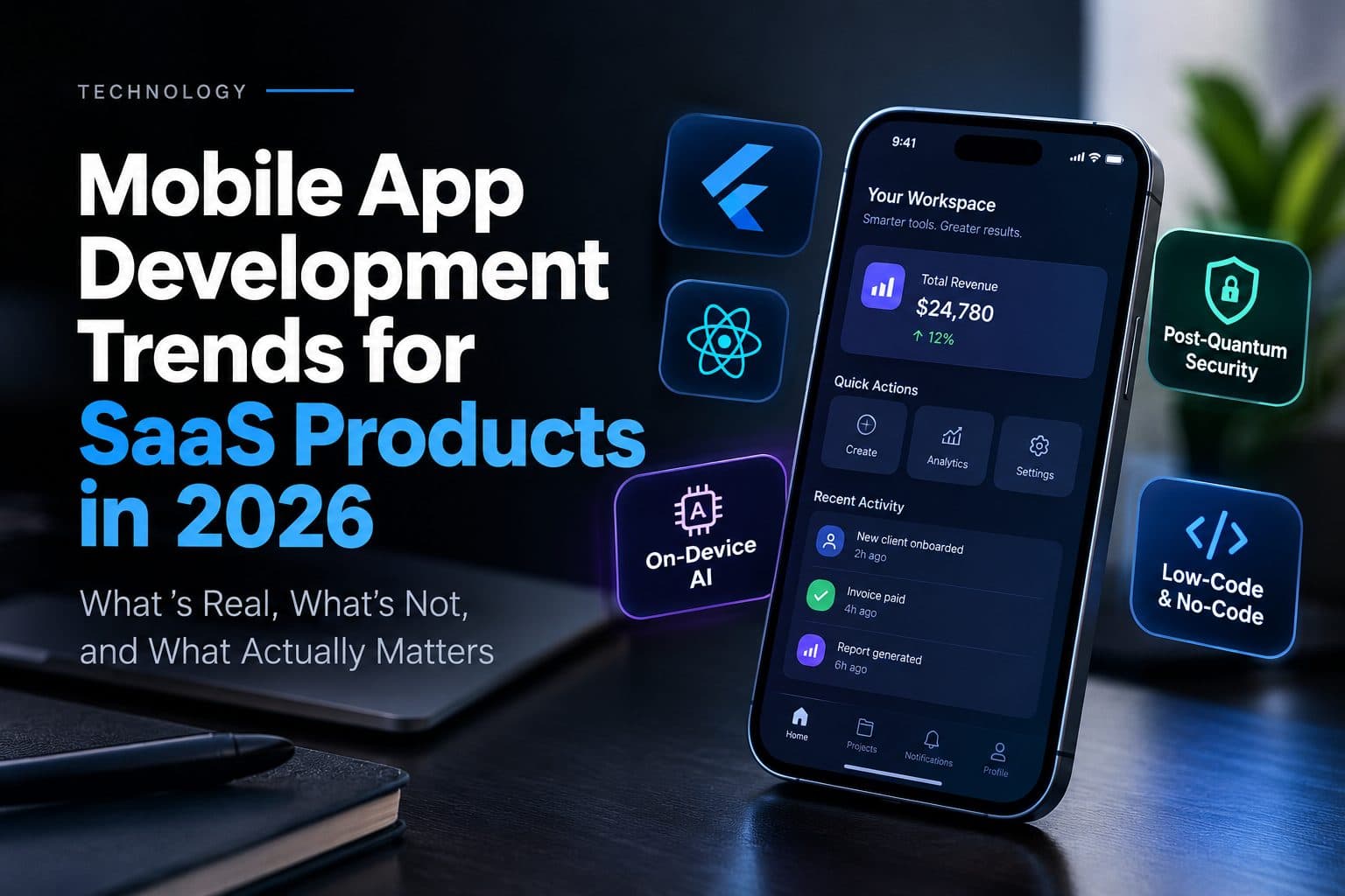 Flat black-and-white illustration of a mobile SaaS app interface with cross-platform and AI feature icons