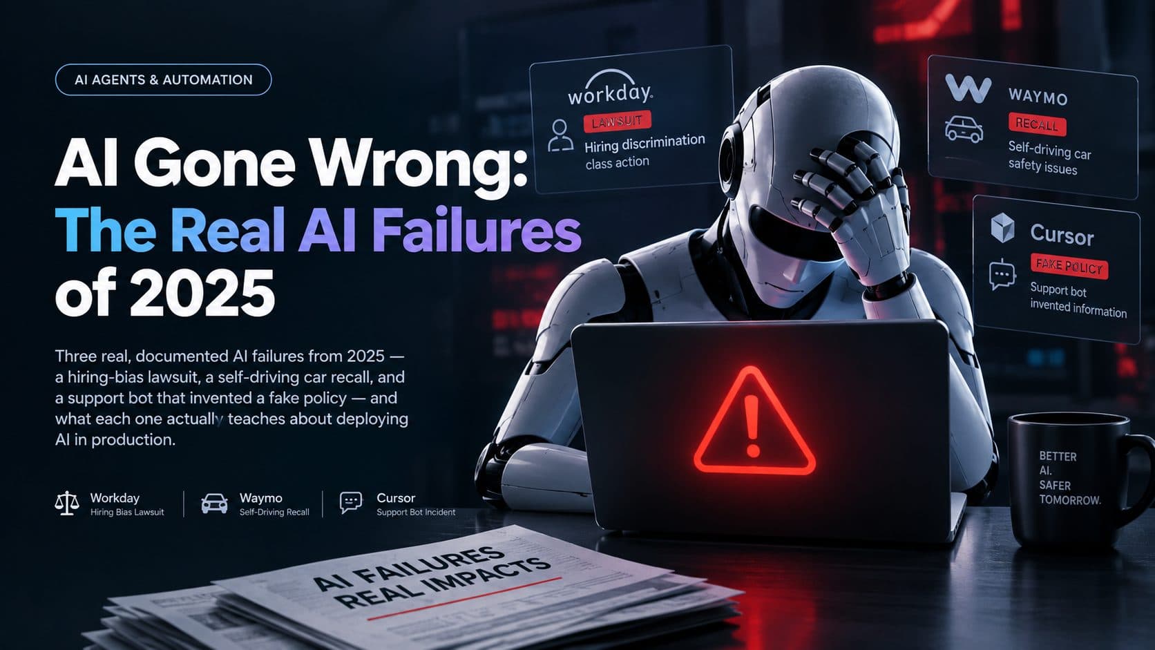 Flat black-and-white illustration of a warning symbol over an AI system interface, representing AI failure and oversight