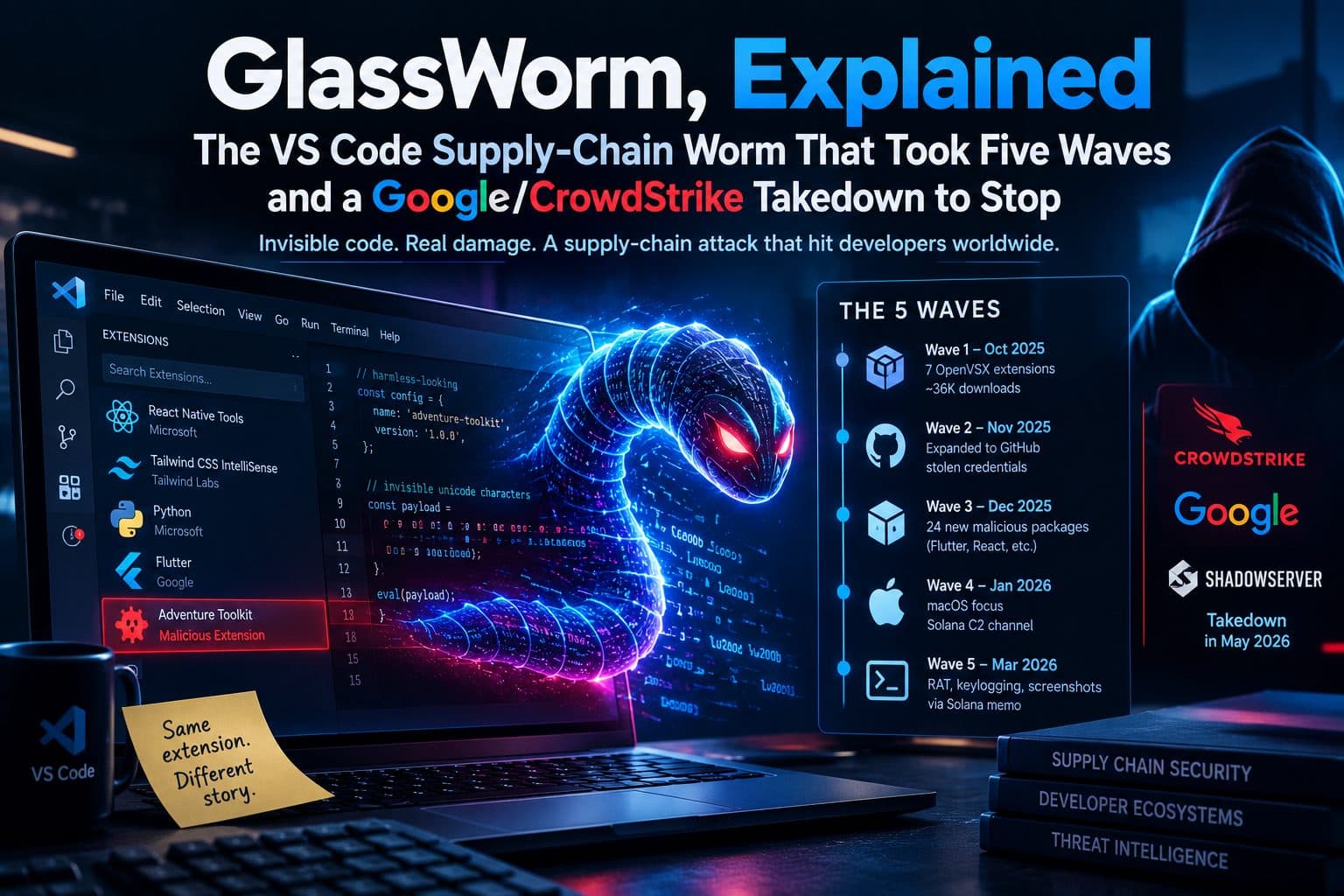 Illustration of a worm-shaped malware icon spreading through a code editor interface, representing the GlassWorm VS Code extension attack
