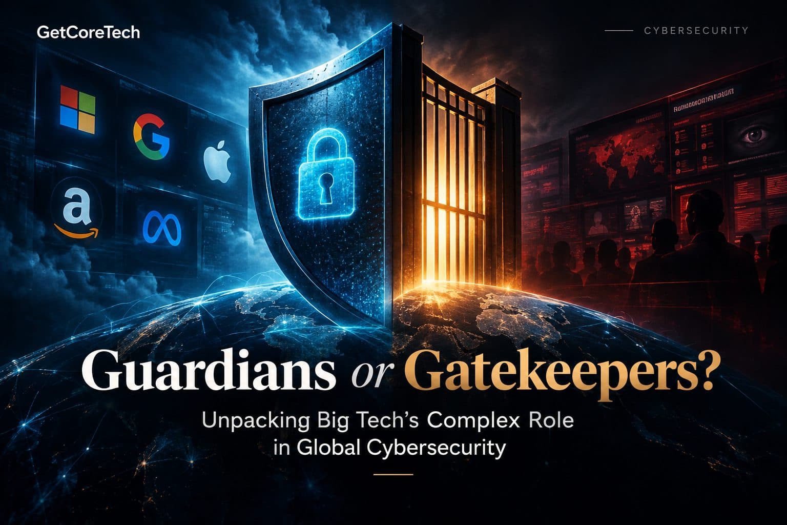 Illustration of a shield and a gate merged together, symbolizing Big Tech's dual role as protector and controller of digital infrastructure