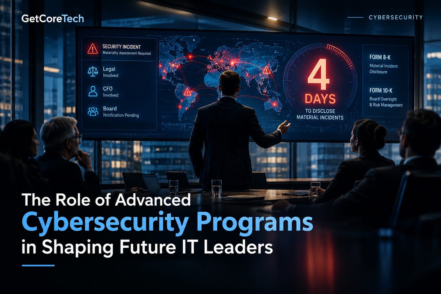 Illustration of a cybersecurity leader presenting a risk report to a company's board of directors