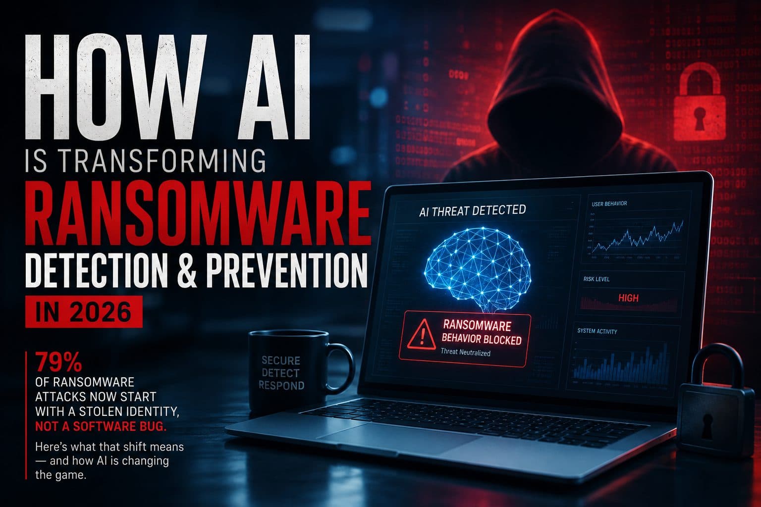 Illustration of an AI security system analyzing network activity to detect a ransomware attack in real time