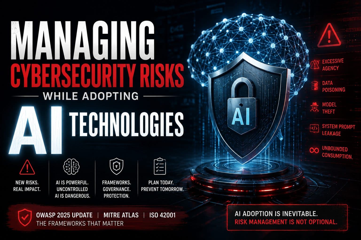 Illustration of a shield overlaid on an AI neural network diagram, representing cybersecurity risk management for AI systems