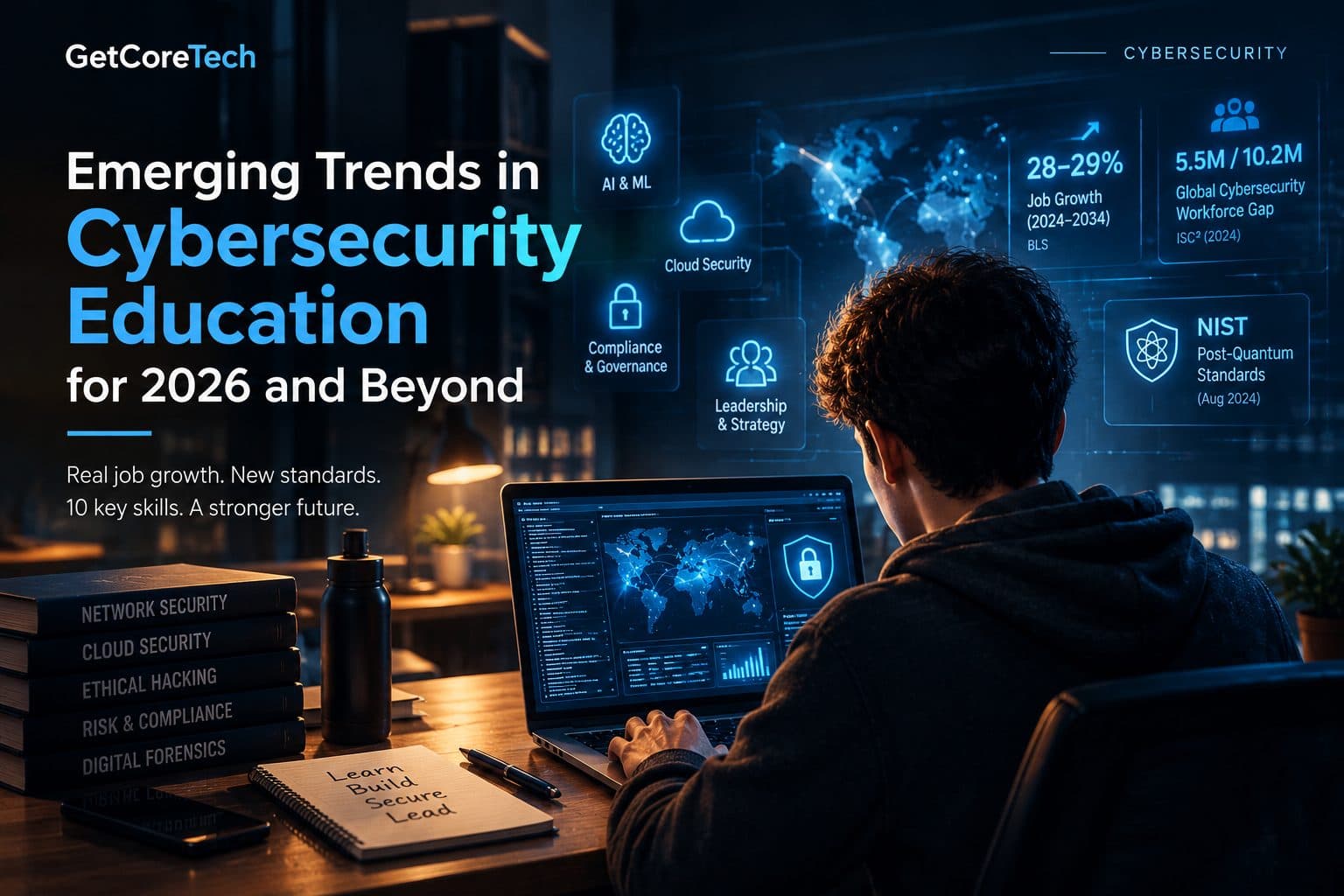 Illustration of a student at a computer working through a cybersecurity training simulation with network and lock icons