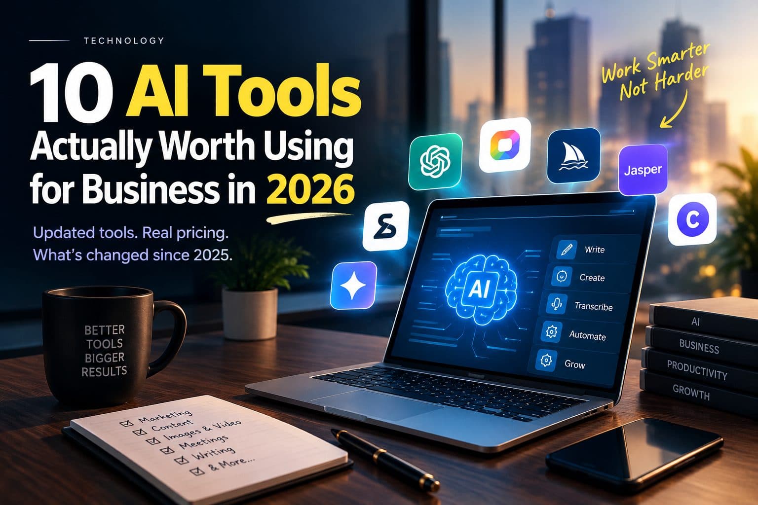 Grid of business software icons representing AI tools for writing, image generation, meeting transcription, and video creation