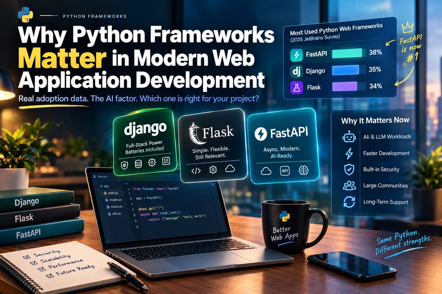 Illustration comparing Django, Flask, and FastAPI logos with icons representing web servers and API requests
