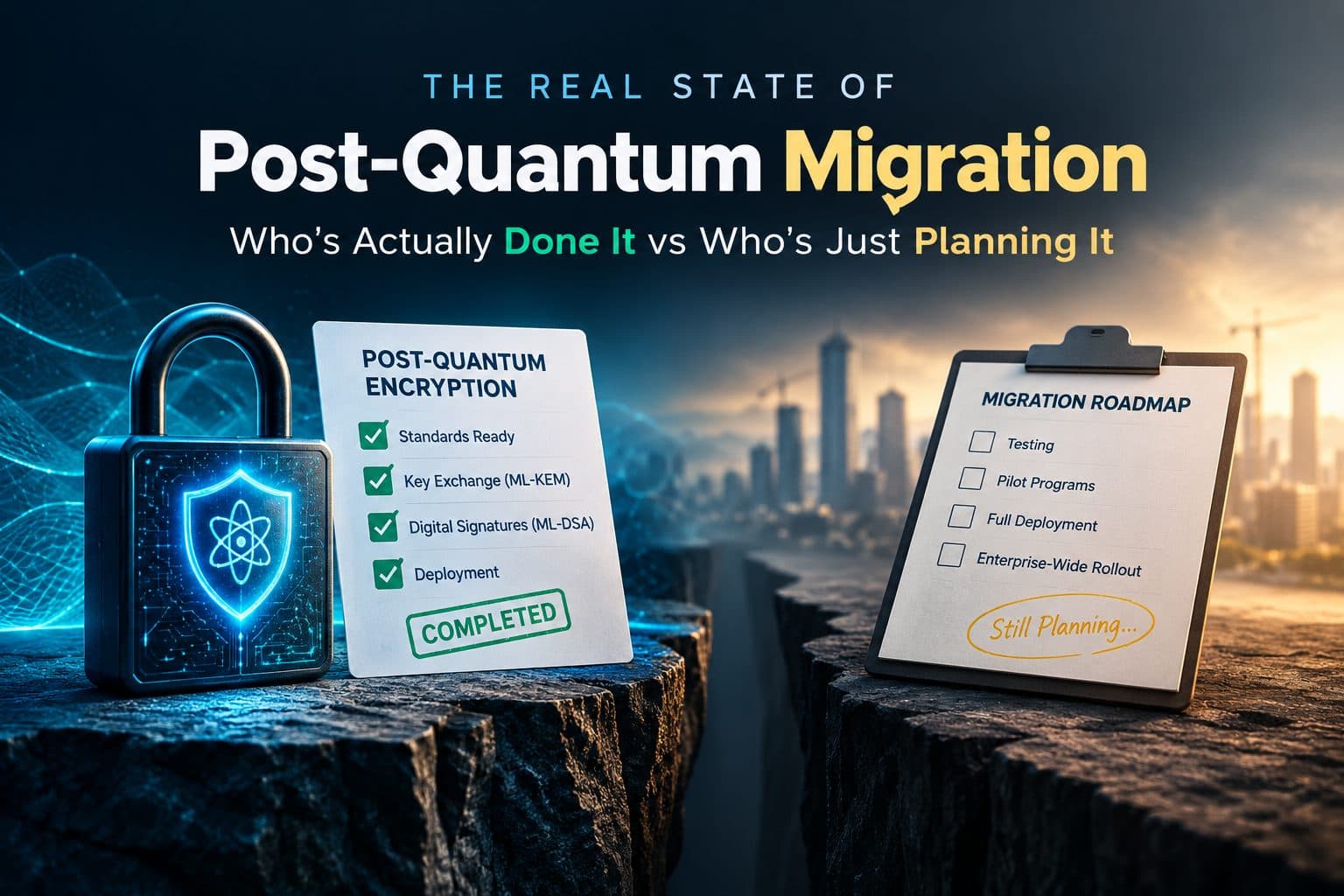 Illustration of a lock transitioning from classical encryption to post-quantum cryptography across a network diagram