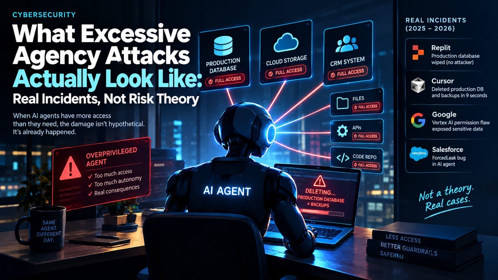 Illustration of an AI agent with an oversized key accessing a locked production database and server infrastructure