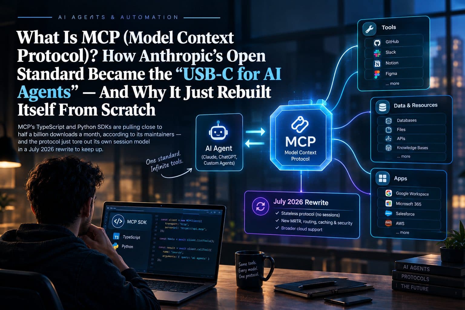 Diagram showing an AI model connecting to multiple external tools and servers through the Model Context Protocol