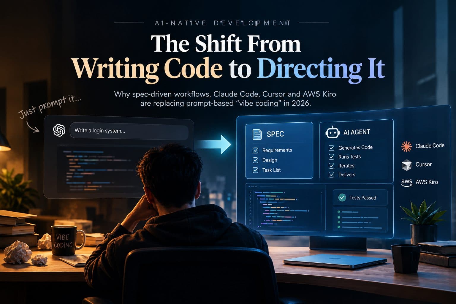 Illustration of a developer writing a specification document that guides an AI coding agent's implementation
