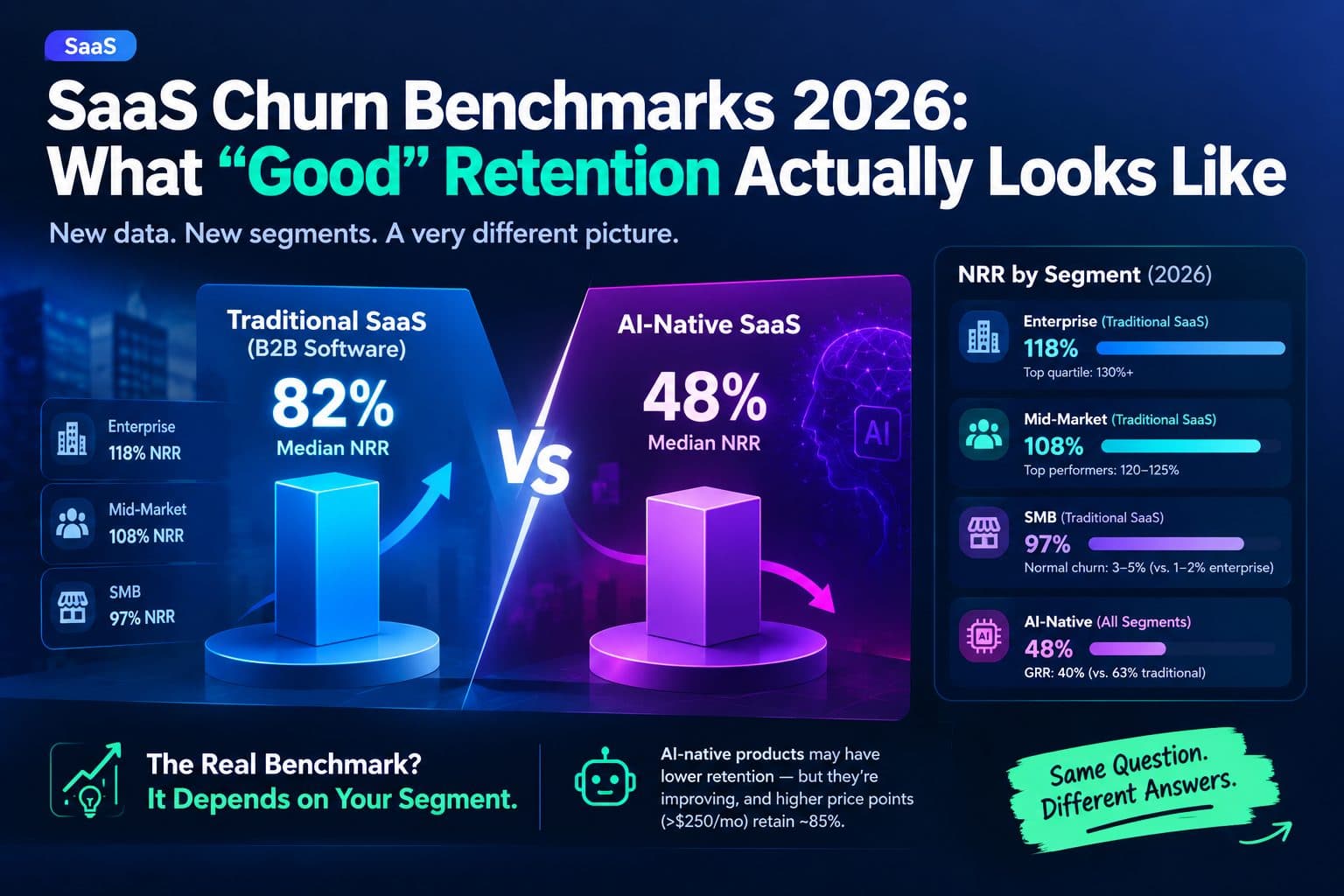 Chart comparing net revenue retention benchmarks across enterprise, mid-market, SMB, and AI-native SaaS segments