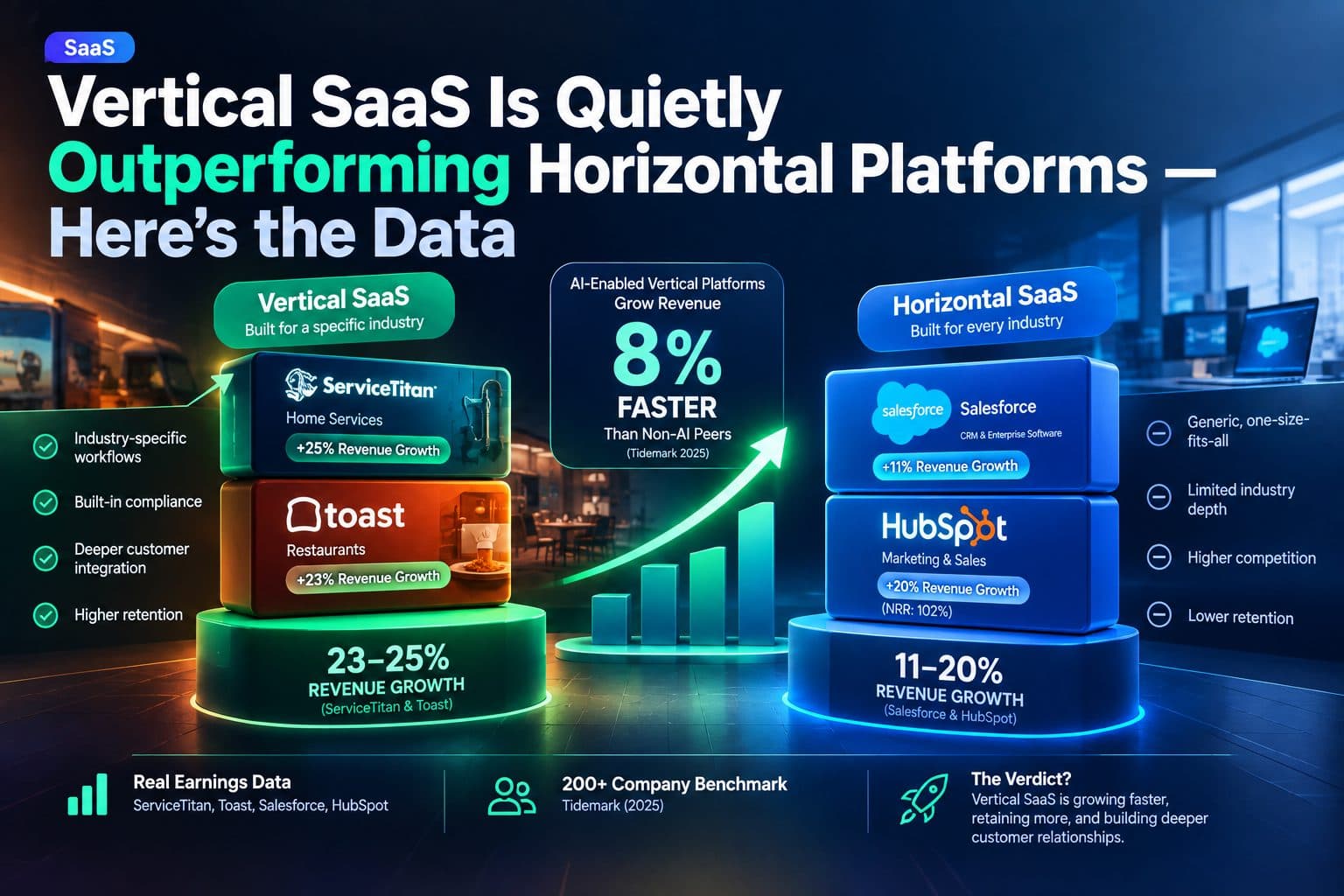 Chart comparing revenue growth and net revenue retention between vertical SaaS companies and horizontal platforms