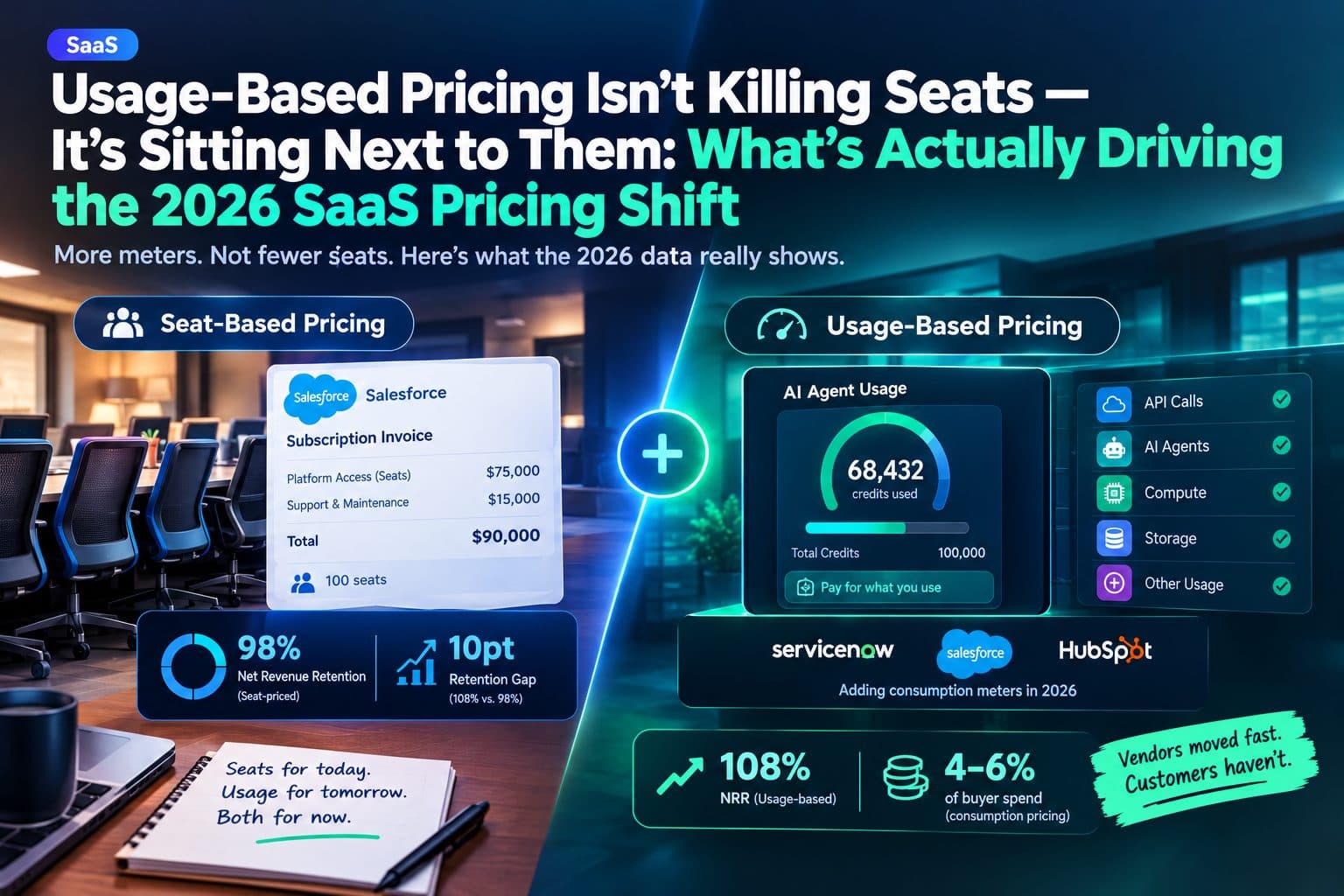 Chart comparing net revenue retention between seat-based and usage-based SaaS pricing models