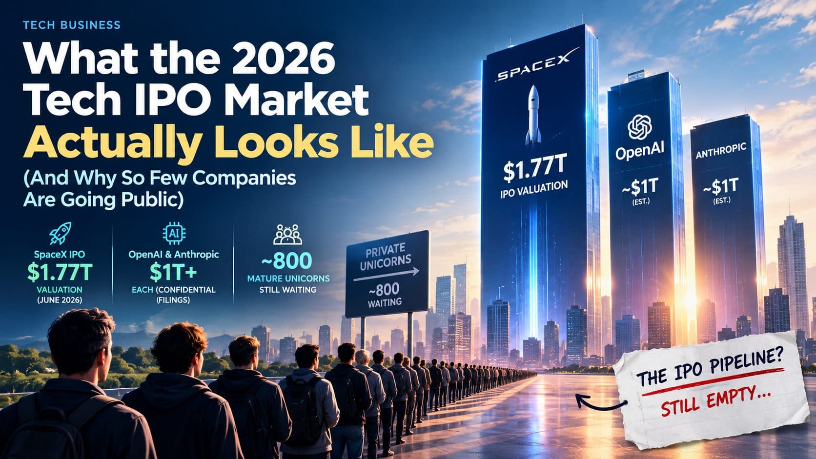 Chart showing the gap between record 2026 IPO dollar volume and the low number of companies actually going public