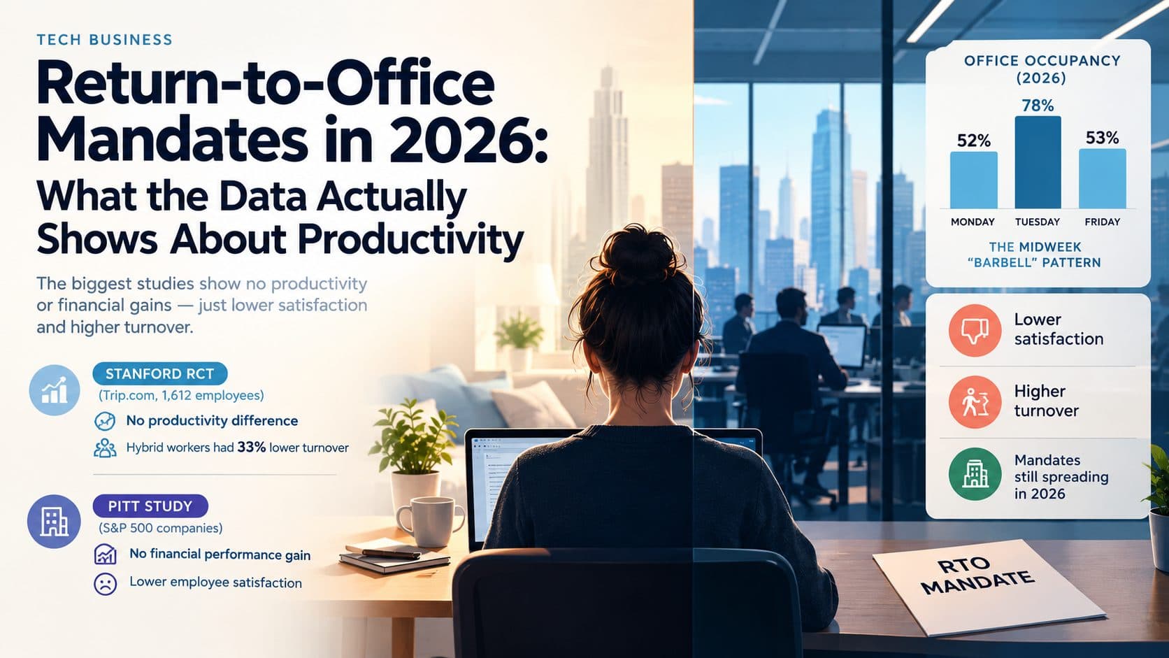 Chart showing office occupancy trends and employee turnover rates following return-to-office mandates