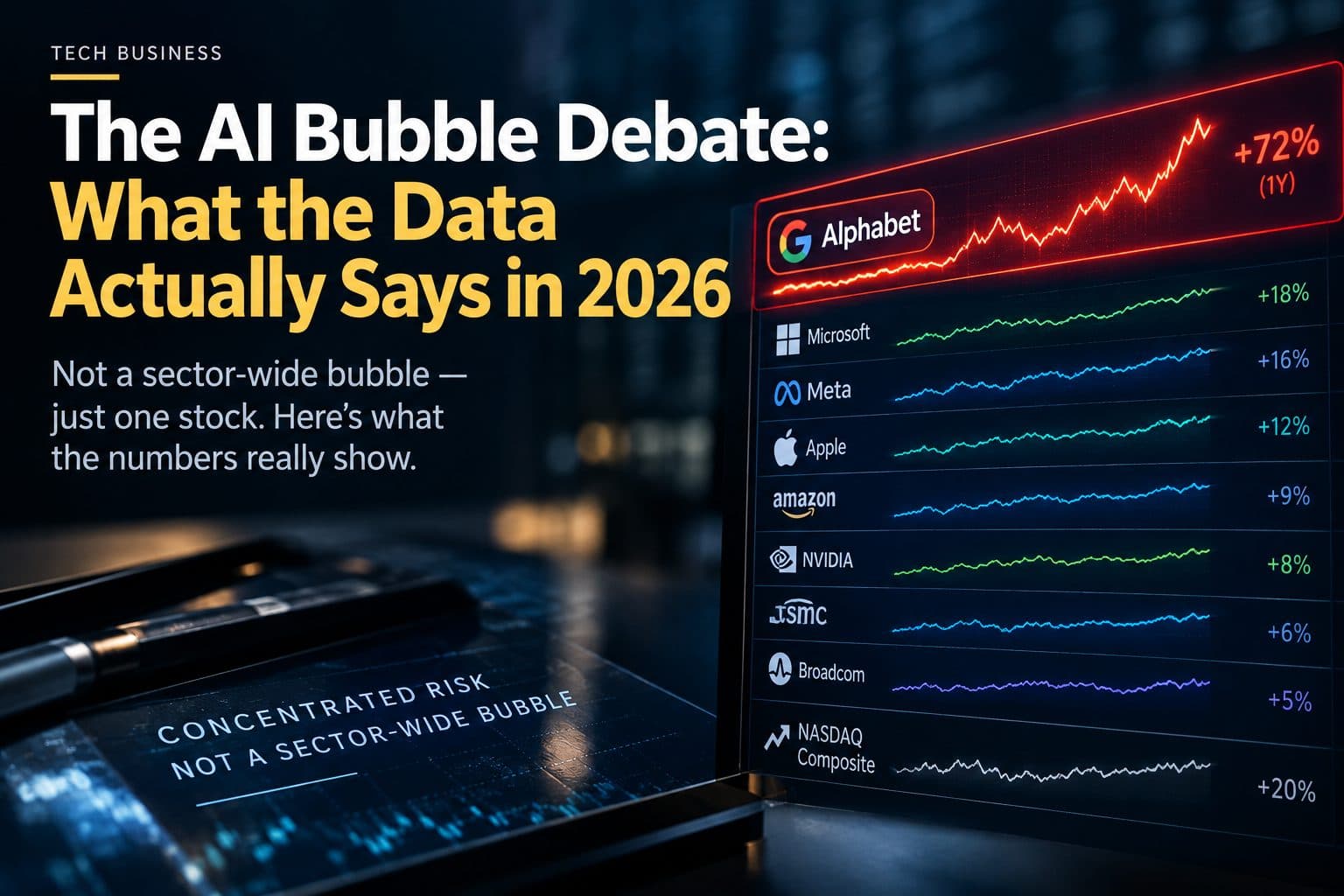 Chart showing stock price bubble detection analysis for Alphabet and other AI-exposed technology companies