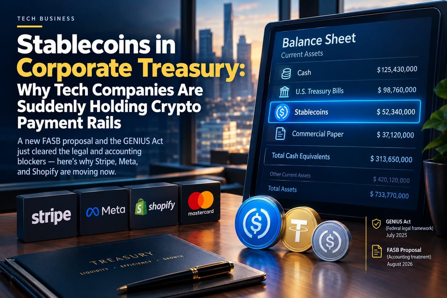 Illustration of a corporate treasury balance sheet incorporating stablecoin and digital payment infrastructure