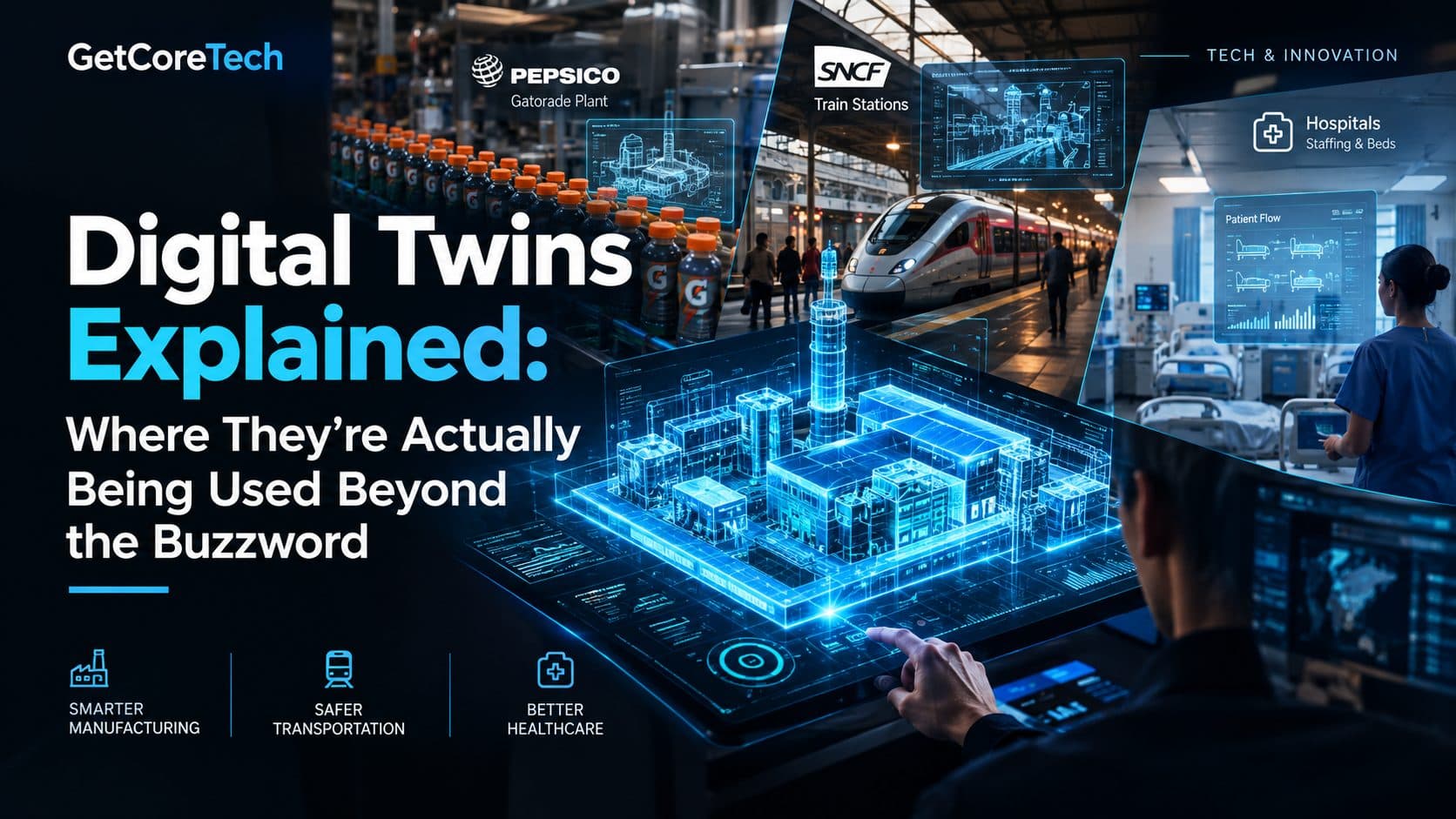 Engineer viewing a 3D digital twin model of a factory floor on a large screen beside the real production line