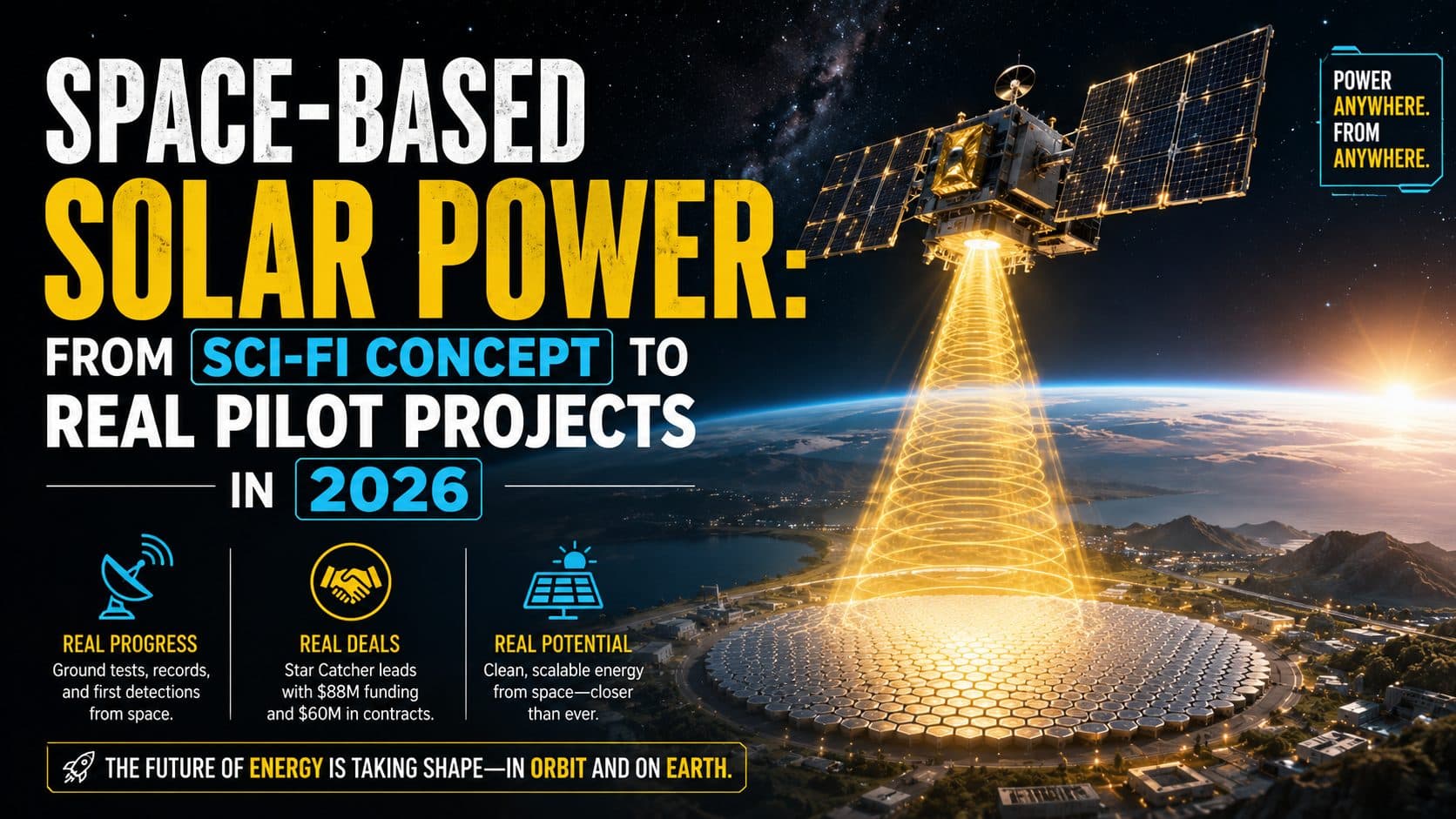 Satellite in low Earth orbit directing a concentrated beam of light toward a second satellite's solar panels, with Earth below