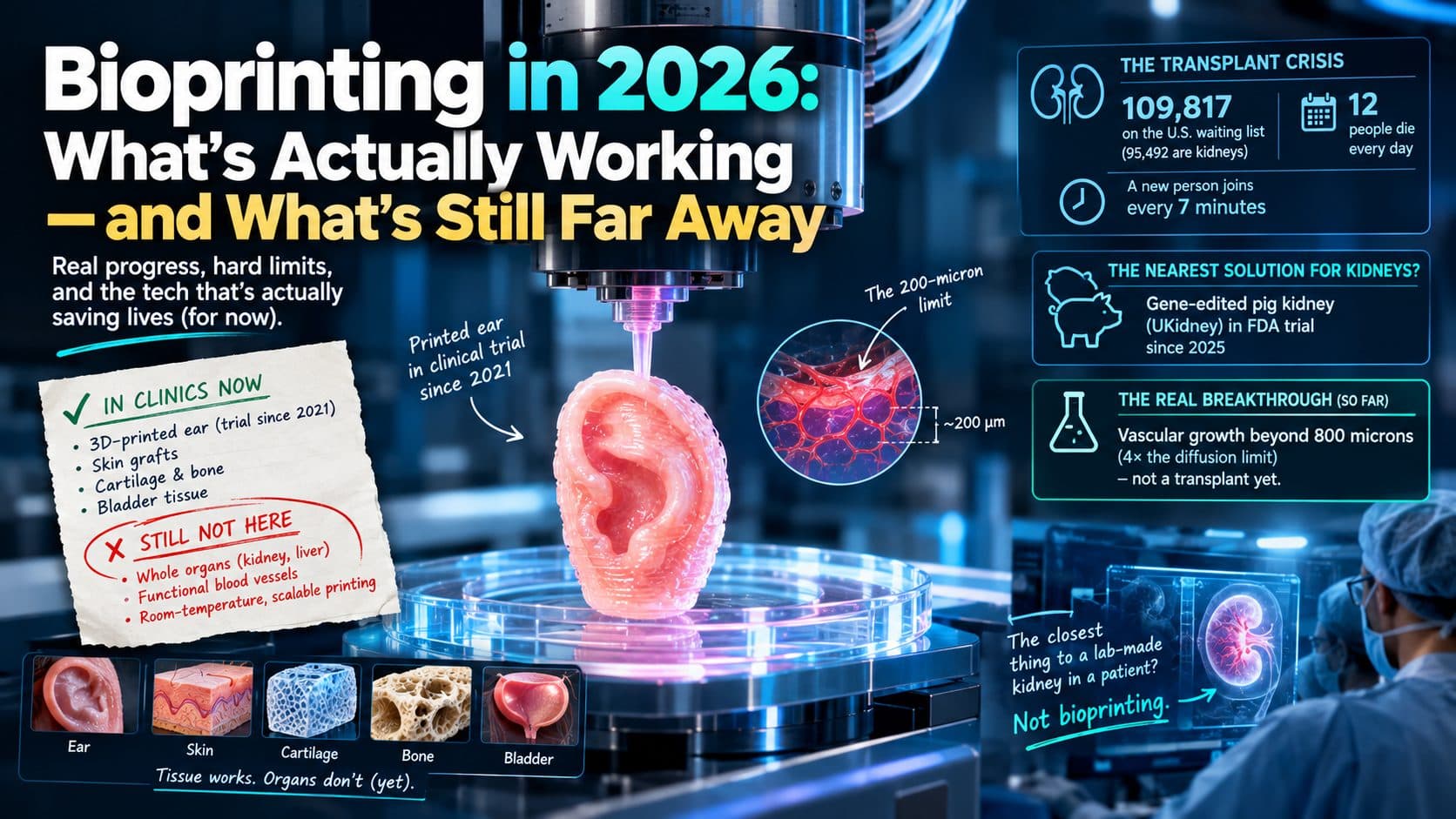 Bioprinter nozzle depositing layers of living cells to form a small tissue structure in a laboratory setting