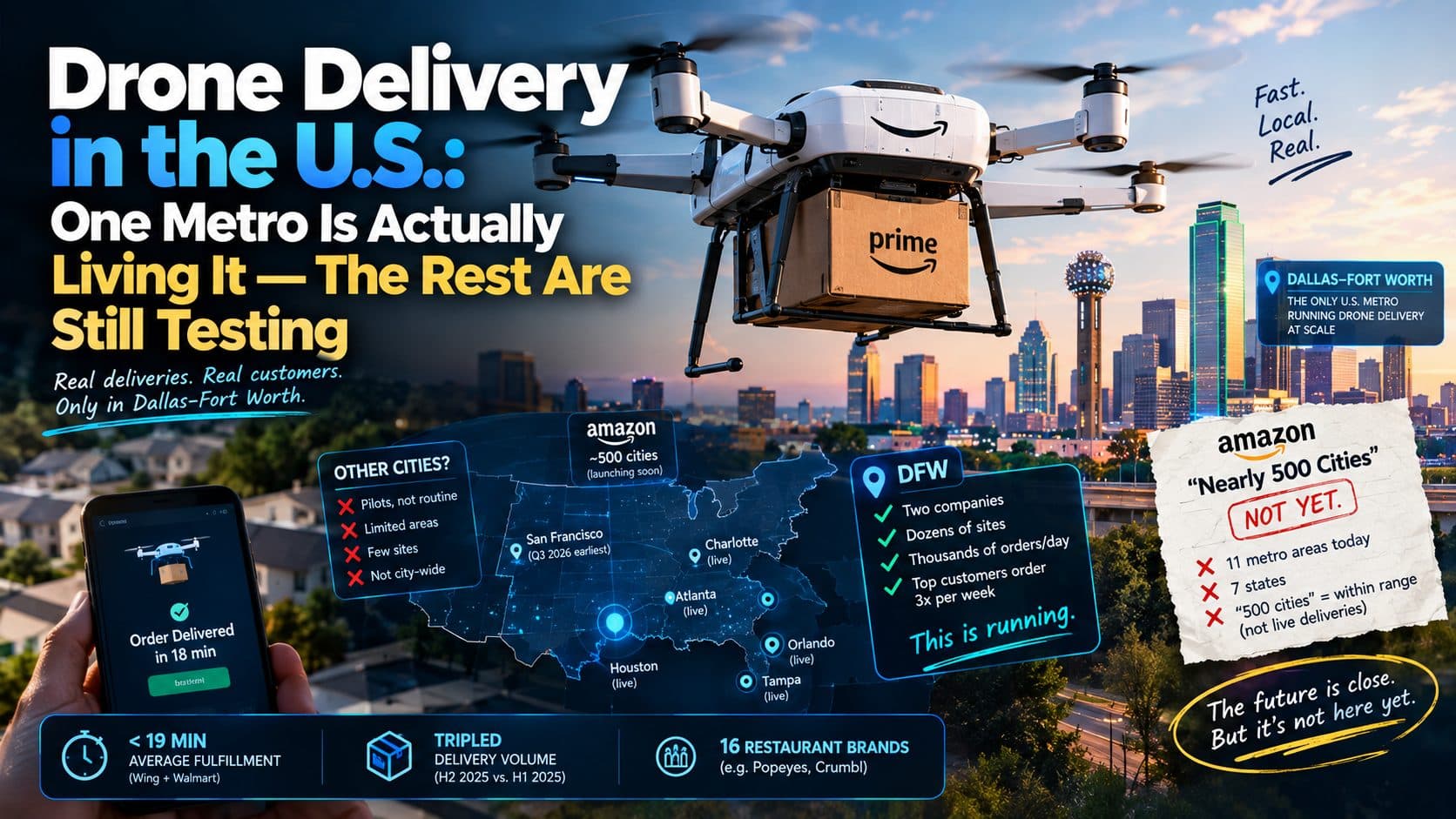 Delivery drone descending with a small package over a suburban Texas shopping center parking lot