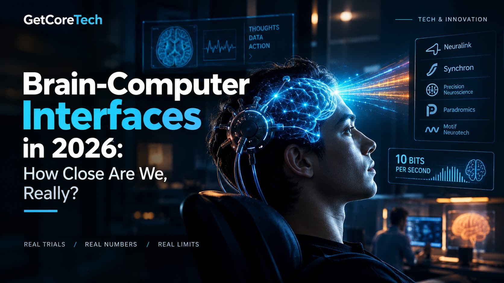 Illustration of a human head in profile with a neural implant connected to a laptop displaying a cursor and typed text