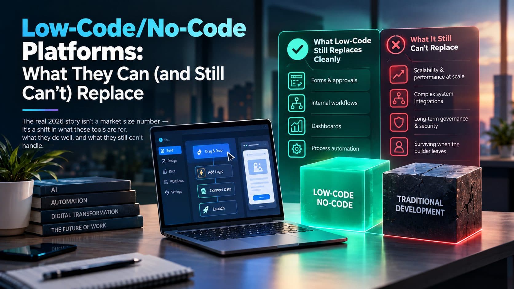 Person dragging workflow blocks on a visual app builder screen next to a laptop showing AI-generated code