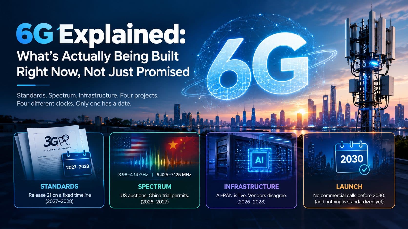 Cellular tower with antenna arrays against a city skyline, overlaid with glowing network lines suggesting next-generation wireless