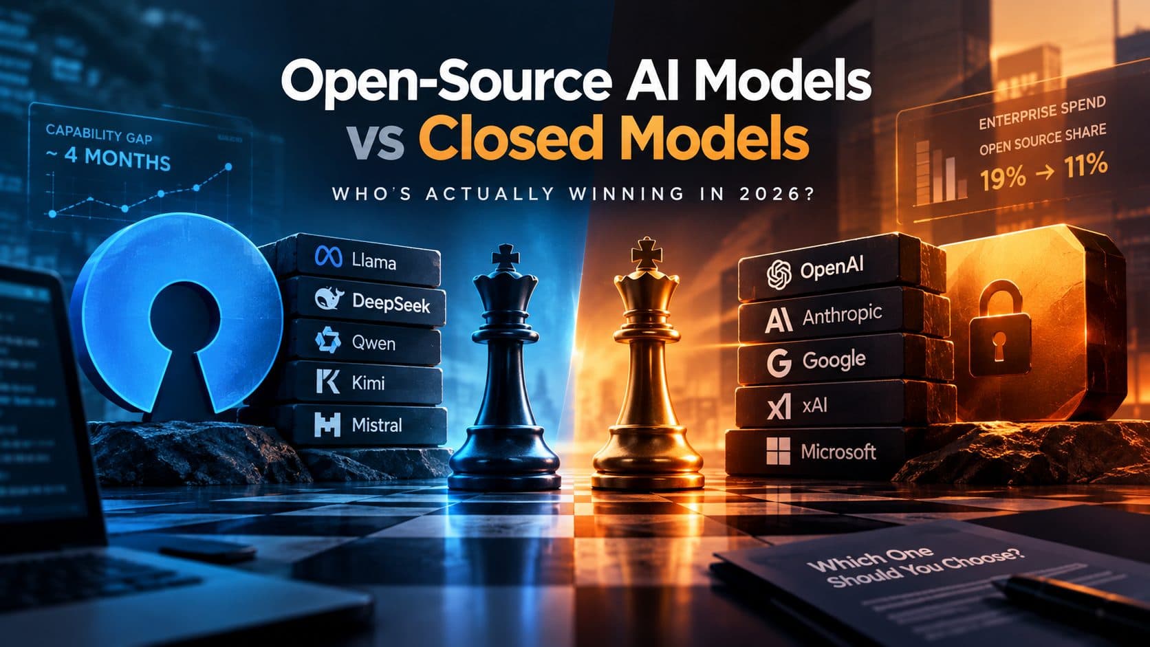 Split illustration of an open padlock beside a locked server rack, with a rising line chart comparing two AI model performance curves