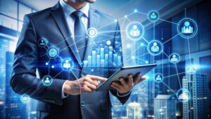 Businessman using tablet with network icons